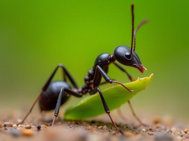 Hormiga cortadora de hojas transportando un trozo de hoja, macrofotografía.
