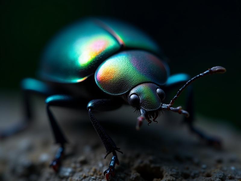 Primer plano de un escarabajo joya de colores iridiscentes con microdetalles increíbles, vibrante y profesional.